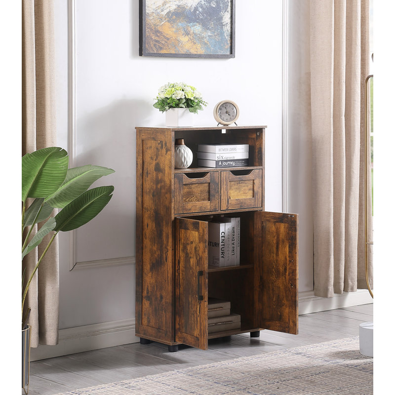Grande armoire de rangement, armoire de rangement pour salle de bain avec 2 grands tiroirs et tablette réglable, pour le salon, le bureau personnel et la cuisine brun rustique