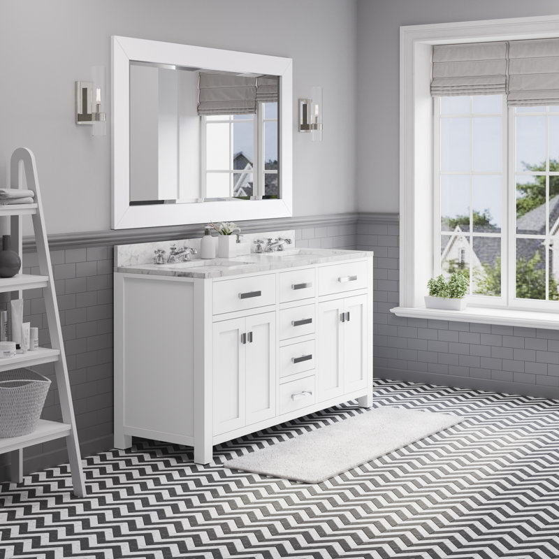 Madison 60" White Marble Double Sink Bathroom Vanity with Mirror