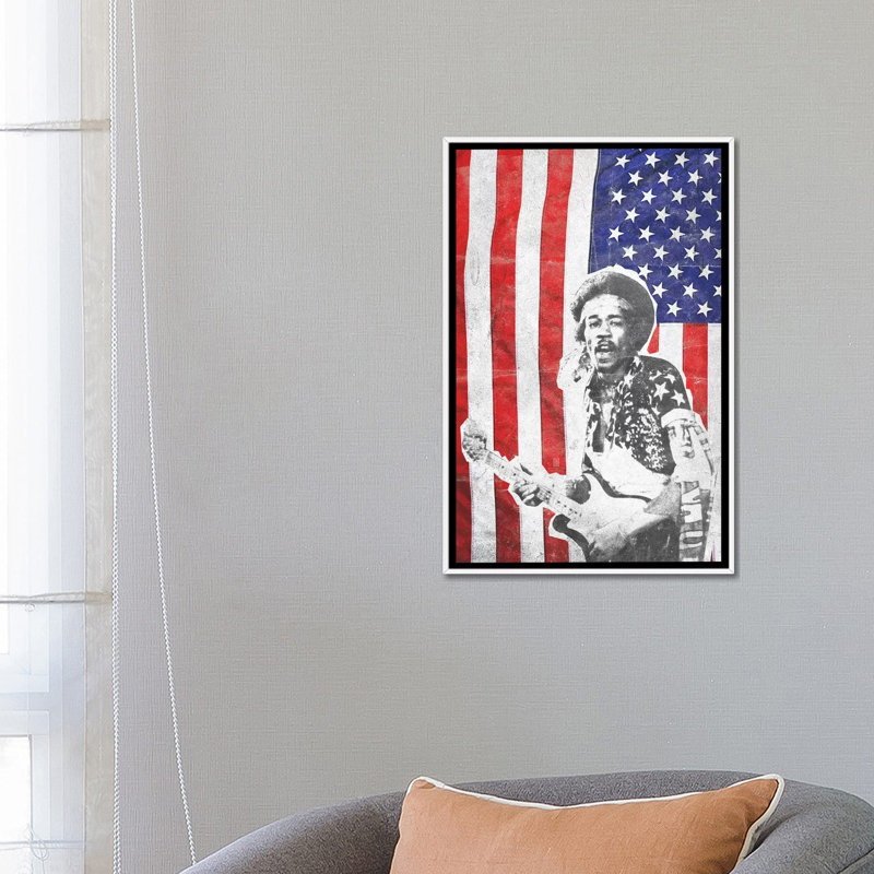 «Jimi Hendrix Big Flag», reproduction d'impression, H 26 po x l 18 po x 1,5 po, Toile blanche encadrée, Aucun mat