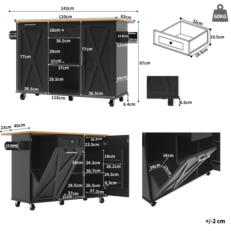 Wood Kitchen Island, Black