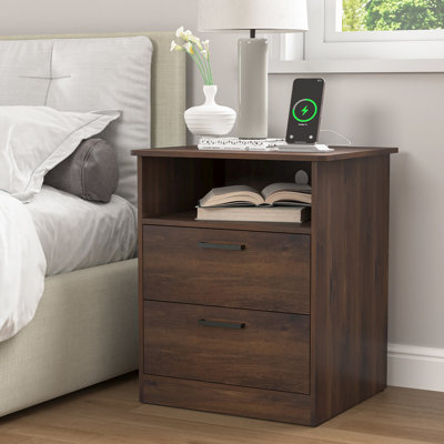 Table de chevet moderne brune à 2 tiroirs avec station de chargement avec ports USB Type C et prises de courant CA