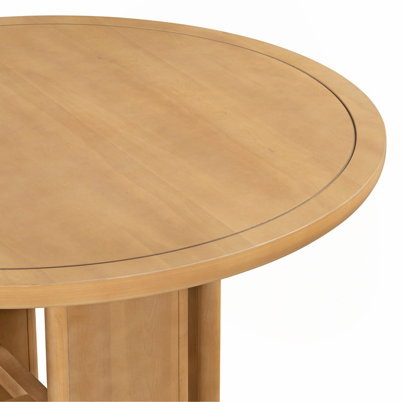 5-Piece Round Dining Table Set For 4, Minimalist Farmhouse Dining Table With 4 Solid Wood Upholstered Chairs, Kitchen & Dining Room Sets (Natural)