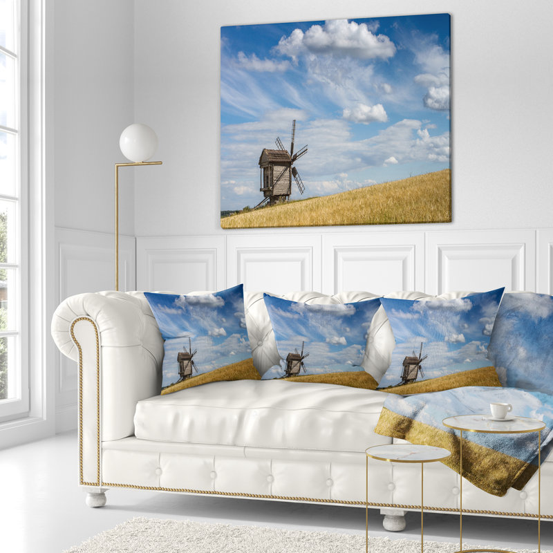 Coussin paysage d'été avec paysage nuageux et moulin à vent, 16 po x 1 po, Coussin décoratif