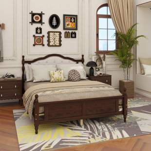 Queen Pine Wooden Bed With Upholstered Headboard And Panel Footboard, With Two Bed Rail Support Feet And Central Platform Support Feet
