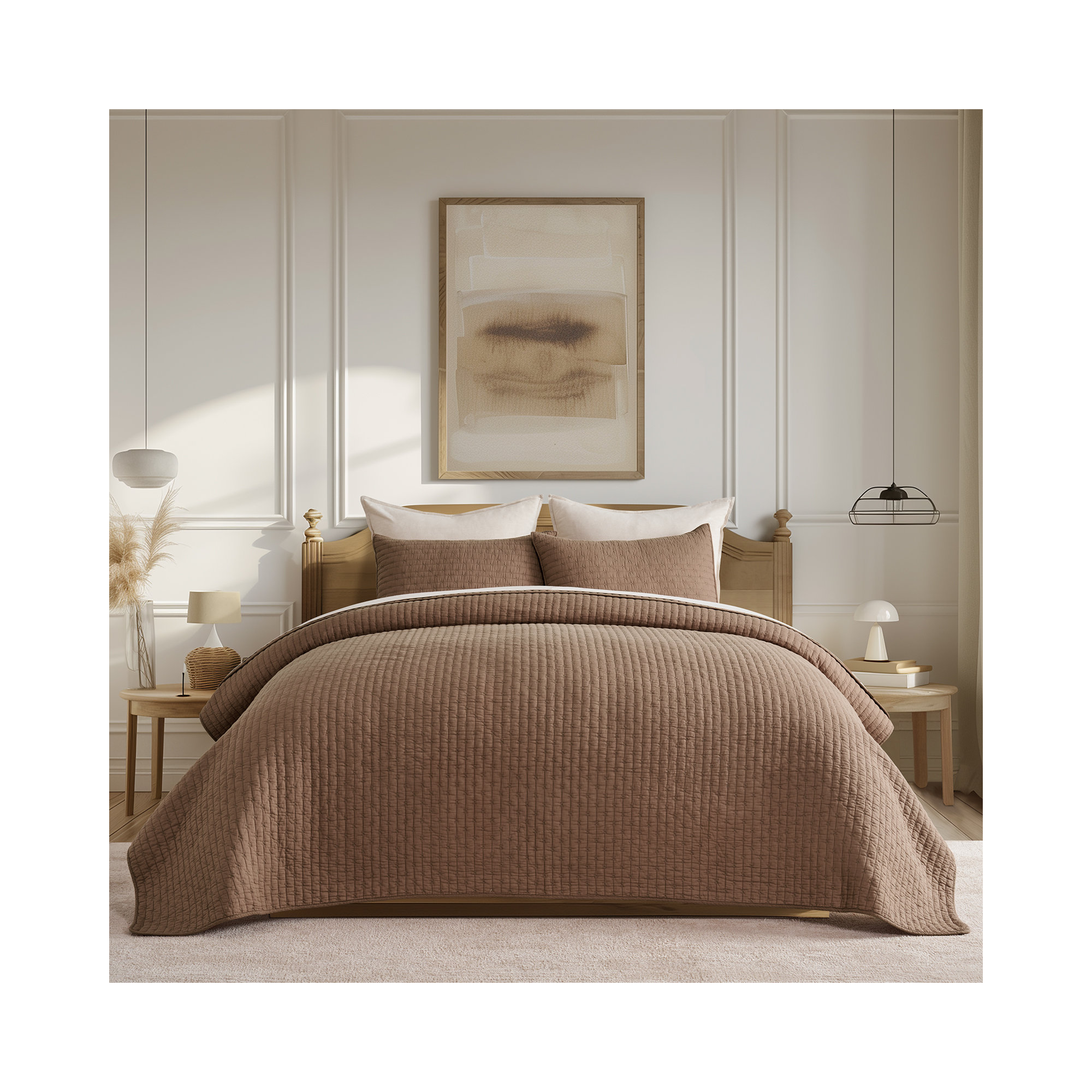 Cross Stitch Cotton Quilt set, Queen, Camel Brown