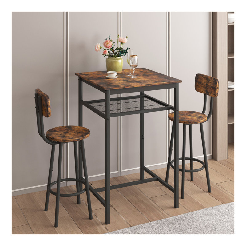 Table de bar, équipée de 2 tabourets de bar, avec dossier et cloison (brun rustique)