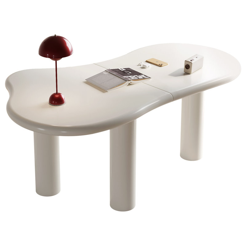 Abishan 65.98" Irregular Dining Table Modern Cream White Indoor Kitchen Table with three Legs ,Modern Executive Desk,Work Desk