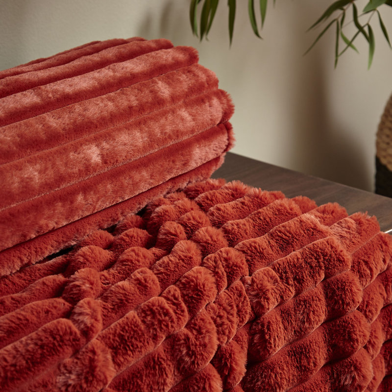 Cosy Ribbed Faux Fur Blanket Throw, Burnt Orange