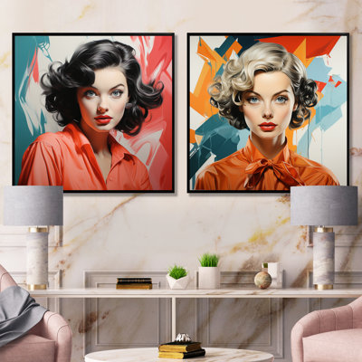 Portrait de femme orange et vert Mid Century I - Pop Art, ensemble d'art mural sur toile