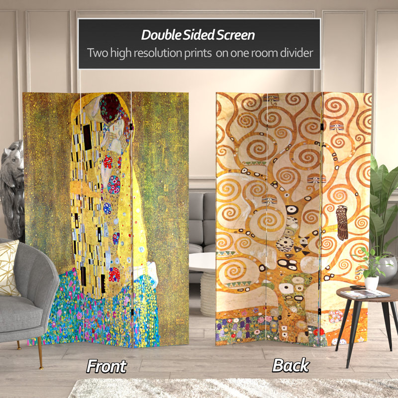 72" x 48" Double Sided Works of Klimt 3 Panel Room Divider