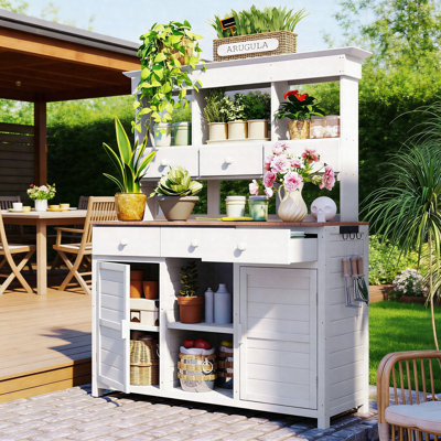 65.7" Tall Outdoor Potting Bench With Hutch, Solid Fir Wood Garden Workstation With Large Countertop, 6 Drawers, Adjustable Shelves, 2 Cabinets & Side Hooks Patio Storage Table