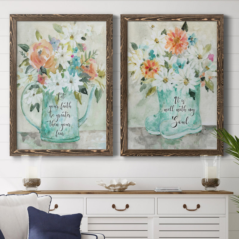«Daisy Pitcher Bouquet», ensemble de 2 reproductions d'art, L 27,5 po x H 37,5 po, Toile avec cadre en noyer