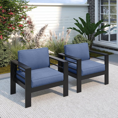 Ensemble de 2 fauteuils de patio en aluminium toutes saisons 28 po avec coussins bleus épais et structure noire