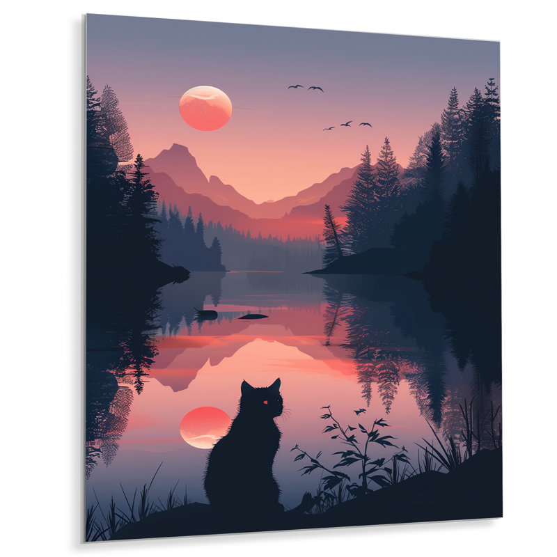 Silhouette de chat rose noir Sunset Lake I - décoration murale chat, Métal métal, H 32 po x l 24 po