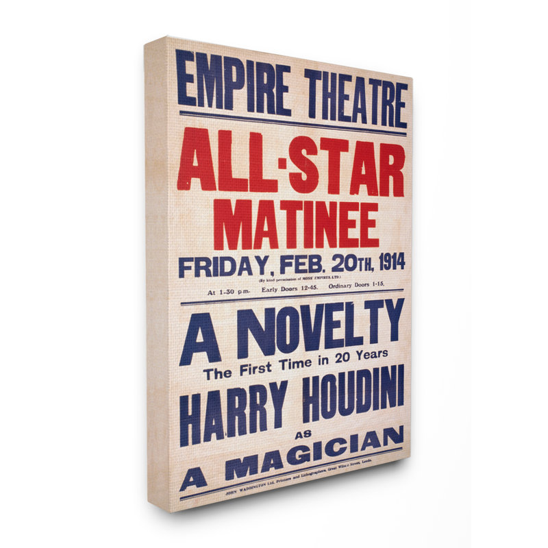 « empire theatre harry houdini », affiche rétro, Toile tendue, H 30 po x l 24 po