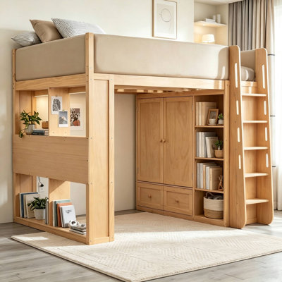 Multi‑Functional Storage Loft Bed with PU Leather Upholstered Safety Guardrail, Built‑in LED Light, Open Bookshelf, Wardrobe Cabinet and Drawers