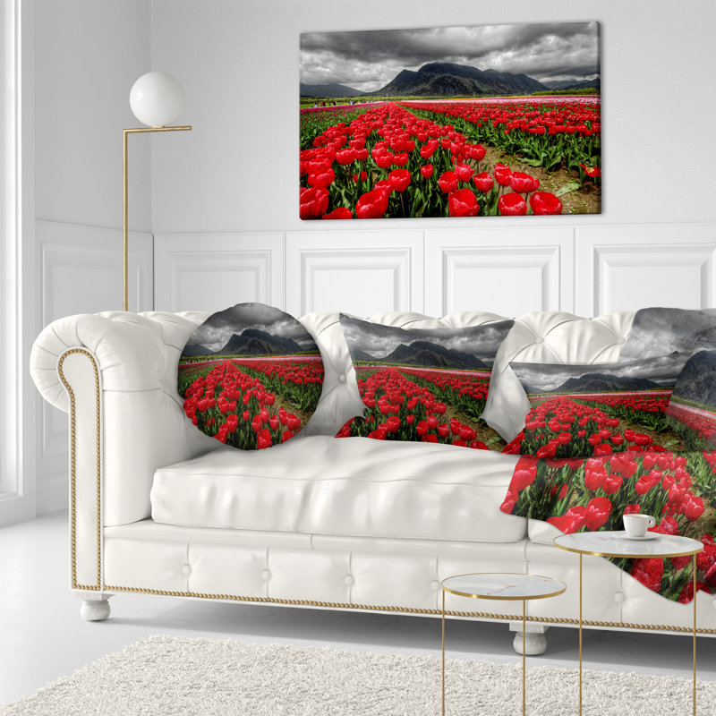 Coussin lombaire imprimé de lignes de tulipes rubis vives