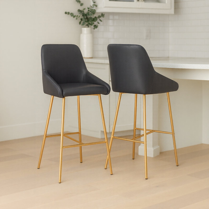 Sloane 26" Black & Gold Faux Leather Counter Stool (Set of 2), Black