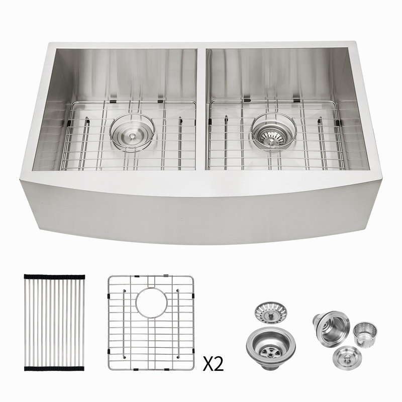 Évier de cuisine à double cuve (50/50) - 36 po x 20 po x 9 po en acier inoxydable avec tablier avant en acier inoxydable de calibre 16 et deux cuves profondes de 9 po