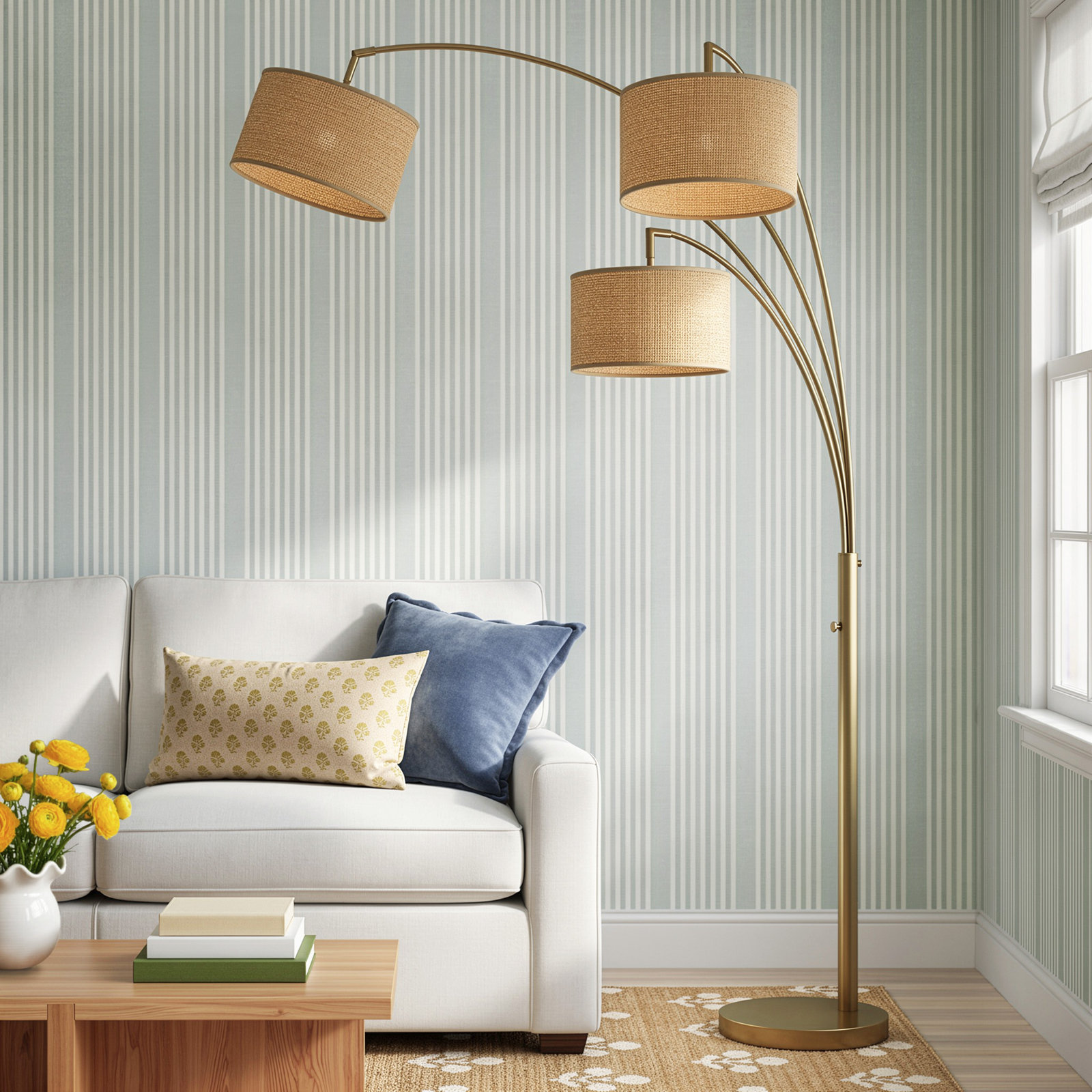 Felice 74'' Floor Lamp, Natural/Beige, Antique Brass