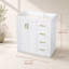 Meuble-lavabo blanc sur pied de style vintage, 74,2 cm (29,21 pouces), en bois de peuplier et MDF ; comprend trois tiroirs et un garde-robe ; facile à assembler ; lavabo non inclus.