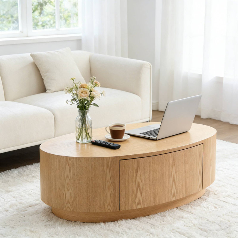 47.24" MDF Coffee Table, Natural Oval Center Table With Drawer For Living Room Condo Family Room, Natural