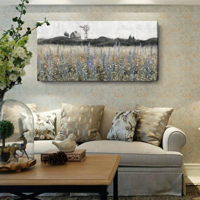 Grand art mural pour salon, décor de ferme rétro, champ de fleurs sauvages, paysage, prairie, peinture, paysage classique, impression sur toile, campagne rustique, moulin à vent, œuvre d'art 24 x 48 po