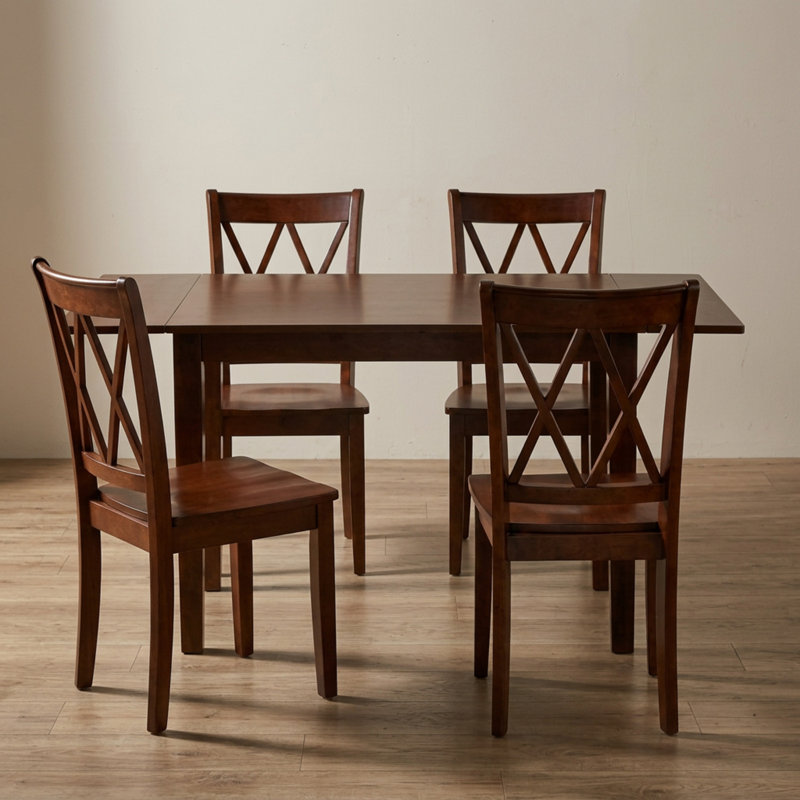 Ensemble de salle à manger rectangulaire 5 pièces en bois d'hévéa asiatique et acajou : table à abattants et 4 chaises à double dossier en X