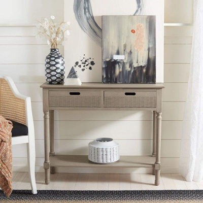 Console élégante à 2 tiroirs avec accents sculptés et tablette ouverte pour un vestibule ou un salon élégant