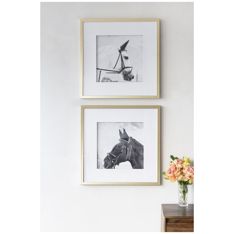 Set of 2 Horse Print Wall Art with Gold and White Accents, Framed Decor Panels