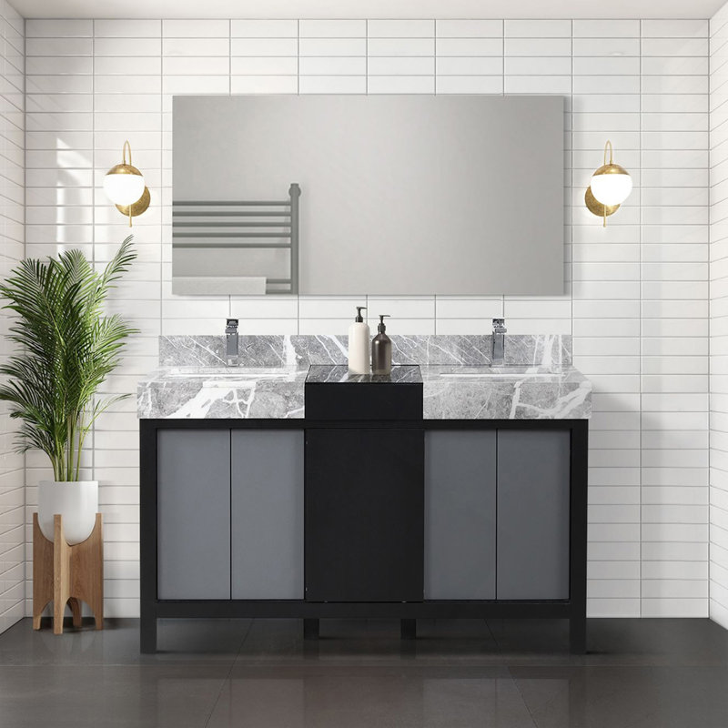 Meuble-lavabo double noir et gris 55 po X P 22 po D, dessus en marbre gris château et Miroir, H 34 po x l 55 po x P 22 po