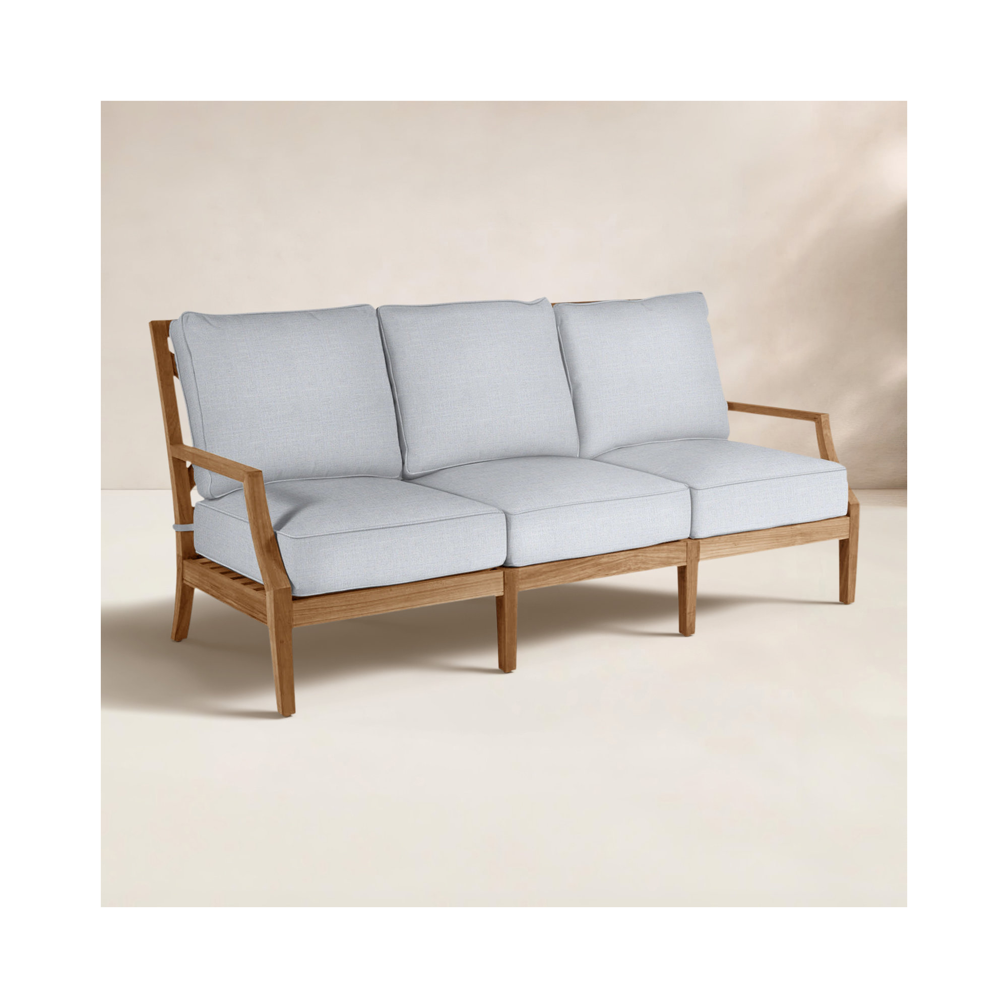Haley Teak Patio Sofa with Cushions, Linen Chambray, Welt + Standard fill, Natural Teak