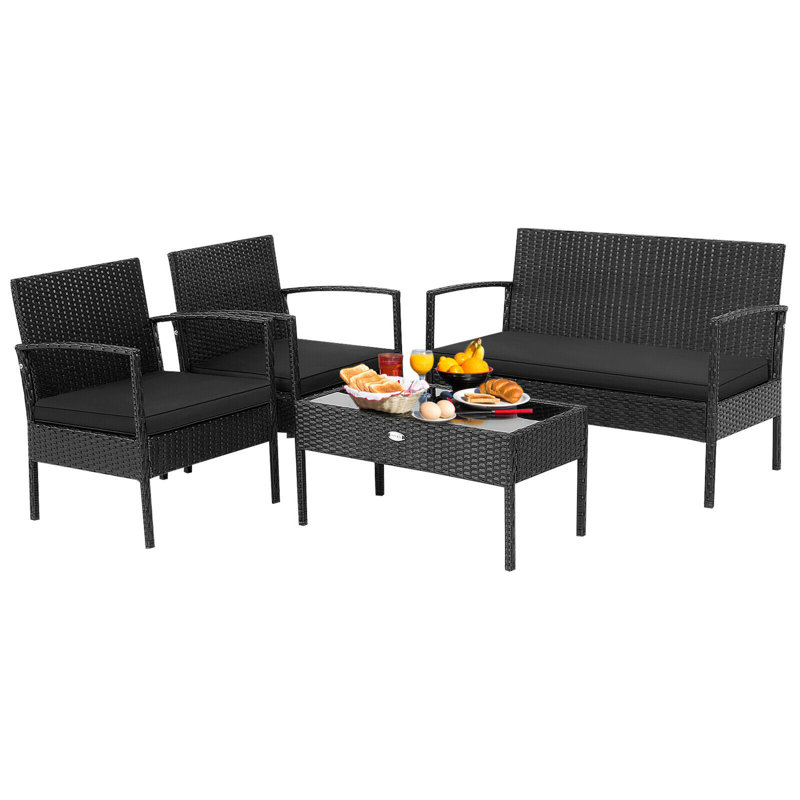 Ashlay 4pcs Rattan Patio Conversation Set Outdoor Wicker Furniture Set W/ Cushions, Black, Black