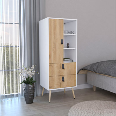 Commode haute Huna, unité avec porte, 2 tiroirs et tablettes ouvertes