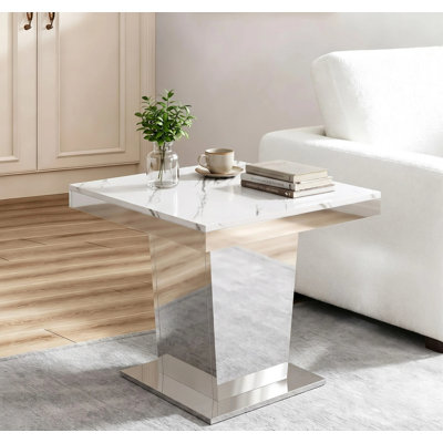 Table d'appoint carrée moderne en faux marbre de 58 cm (22,8 po) avec base miroir pour salon