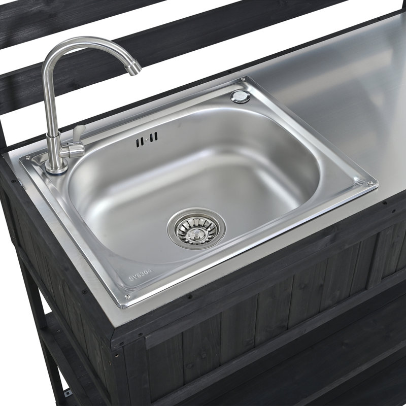 41.7" Large Patio Rolling Solid Wood Kitchen Island with Sink, Black