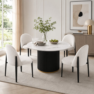 47" Round Dining Table Set for 4, Modern 5-Piece Dining Room Set with White Marble Veneer Top Kitchen