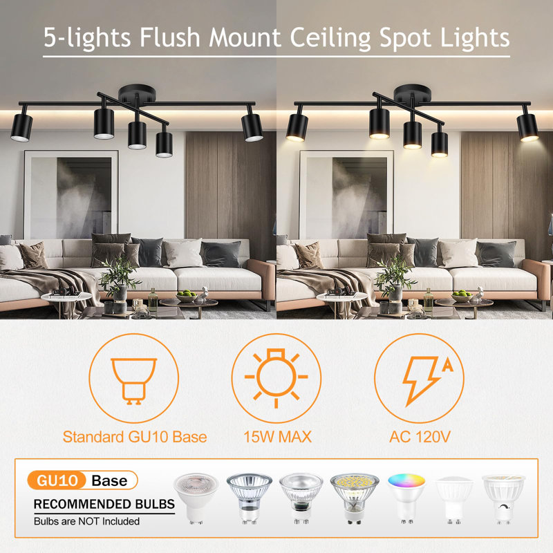 5 Light Swivel Track Lighting Kit, Black 5 Way Ceiling Spot Lighting