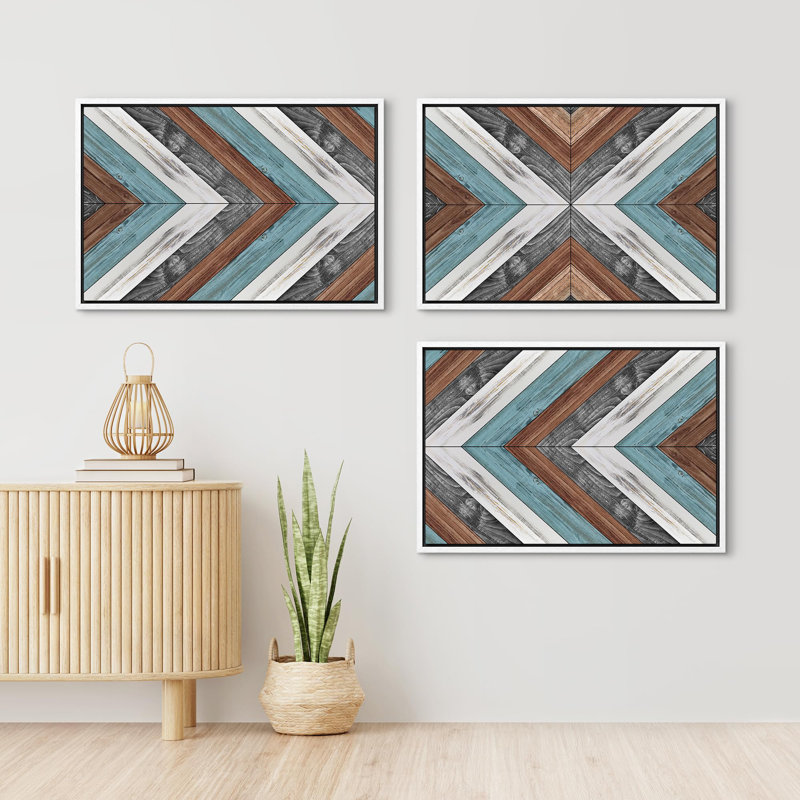 «Western Decor Geometric Polygon Motif Collage Abstract For For Cabin Cottage», 3 pièces, Cadre blanc, H 24 po x l 36 po