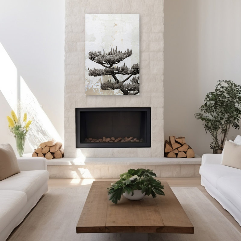 Arbre japonais contemporain noir, noir et blanc, arbre japonais noir et blanc, H 48 po x l 32 po