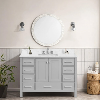 Meuble-lavabo sur pied 48 po, meuble-lavabo autoportant avec comptoir, armoire de rangement en bois massif gris