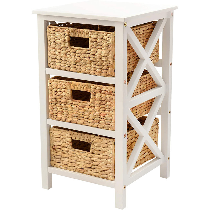Altenpohl 25" Tall 3 - Drawer X-Side Wood End Table with Wicker Baskets for Bedside, Living Room, White, White