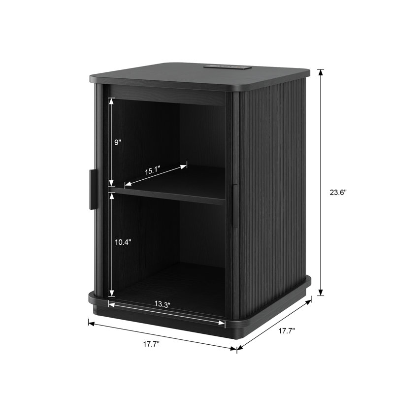 17.7" Wooden Square End Table with Charging Station and Storage Cabinet, Black