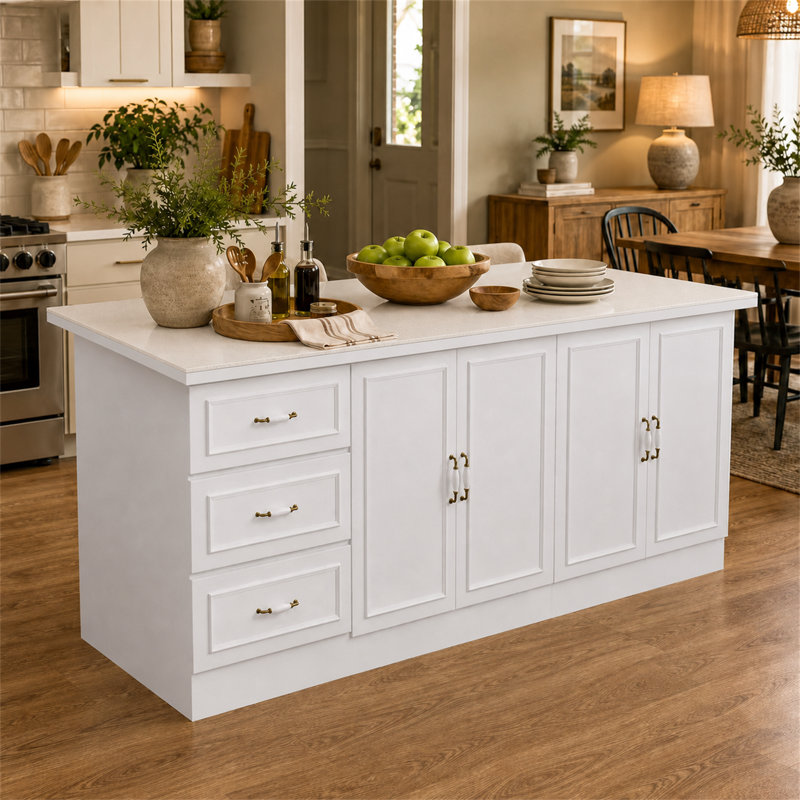 86.6" W Double-Sided Kitchen Island with Marble Surface, 6 Drawers, and 4 Doors