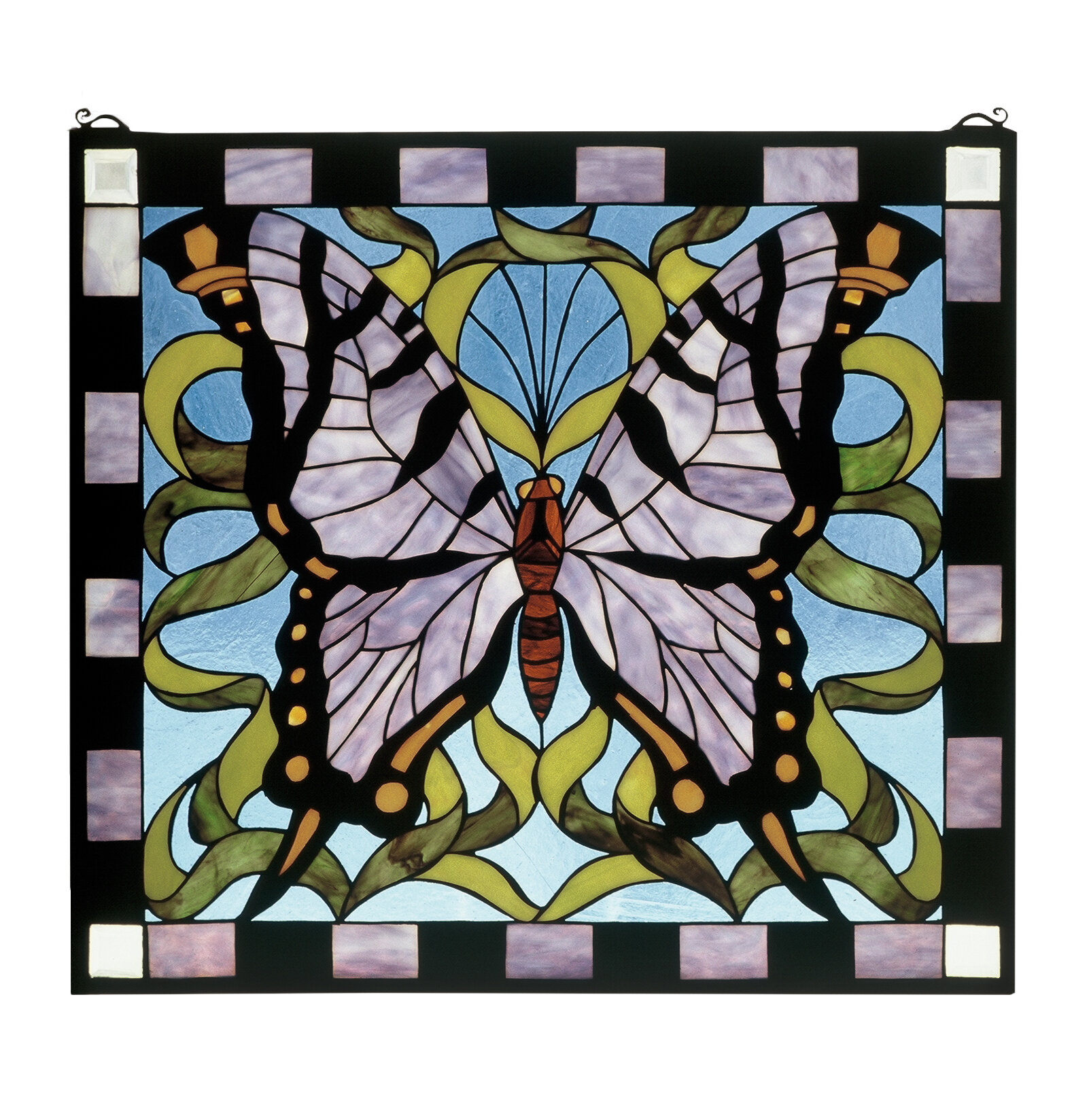 Octagonal Butterfly & Flowers Stained Glass Window Panel