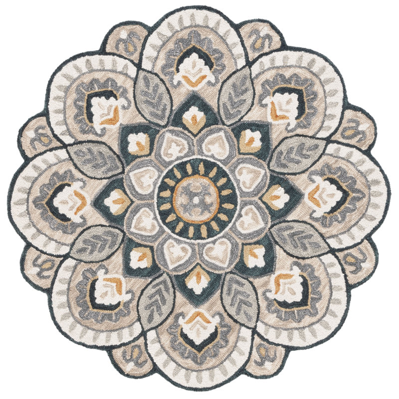 Novelty Fraida Hand Tufted Wool And Cotton With Latex Floral Rug, Round 5', Beige/Navy