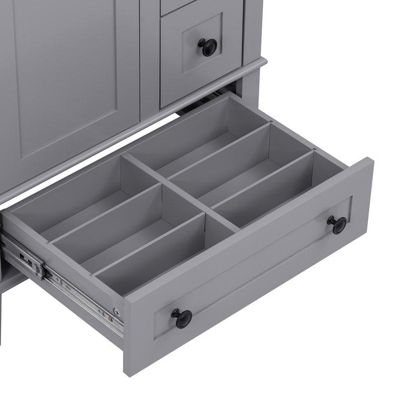 Meuble-lavabo en bois aggloméré de 24 po avec lavabo intégré en céramique, tablette à double couche, tiroirs à fermeture en douceur et porte d'armoire à fermeture en douceur, gris