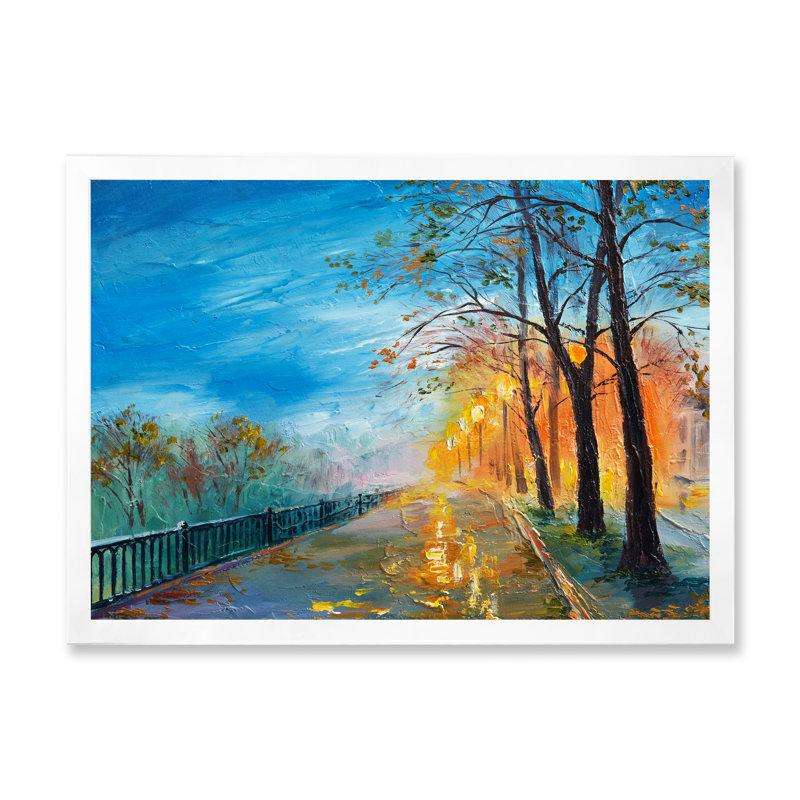 «Evening on Autumn Road», peinture sur toile, H 16 po x l 32 po x p 1 po, Cadre blanc