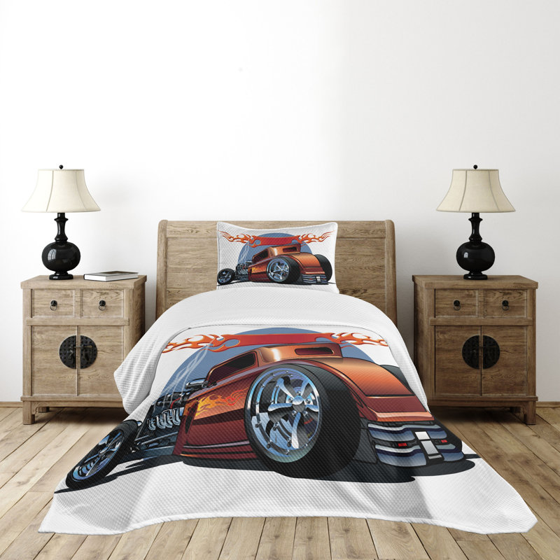 Twin White Polyester Hot Rod Car Bedspread Set