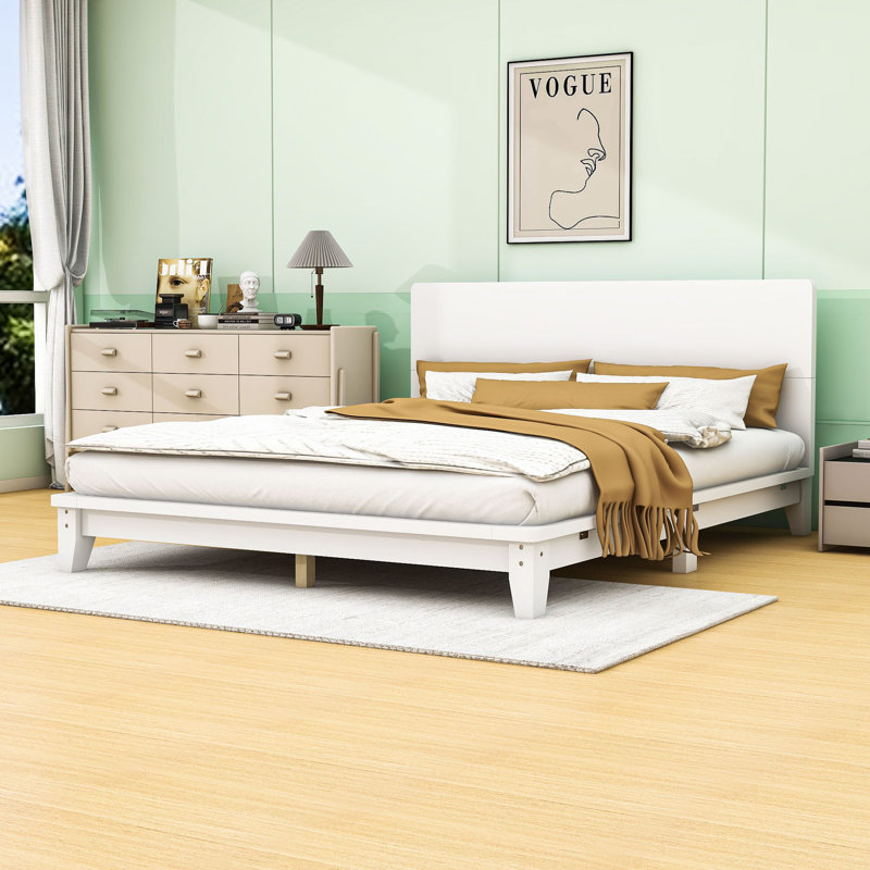 Platform Bed Frame with Headboard, White, Queen